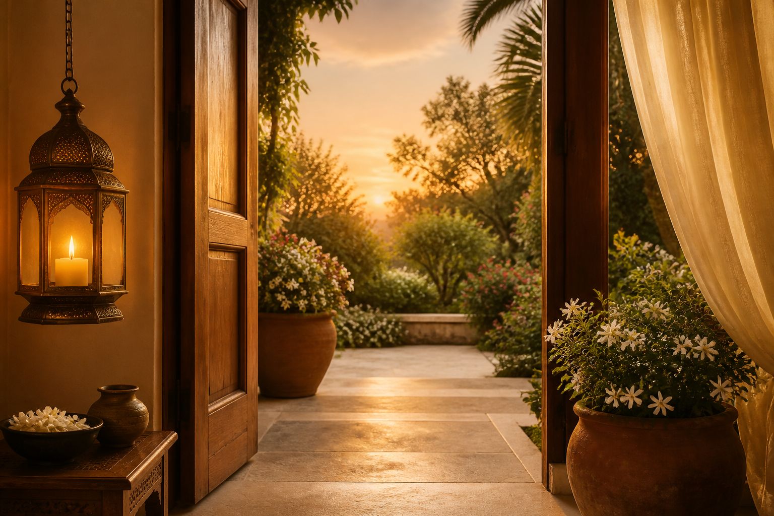 An open wooden doorway to a sunlit garden terrace