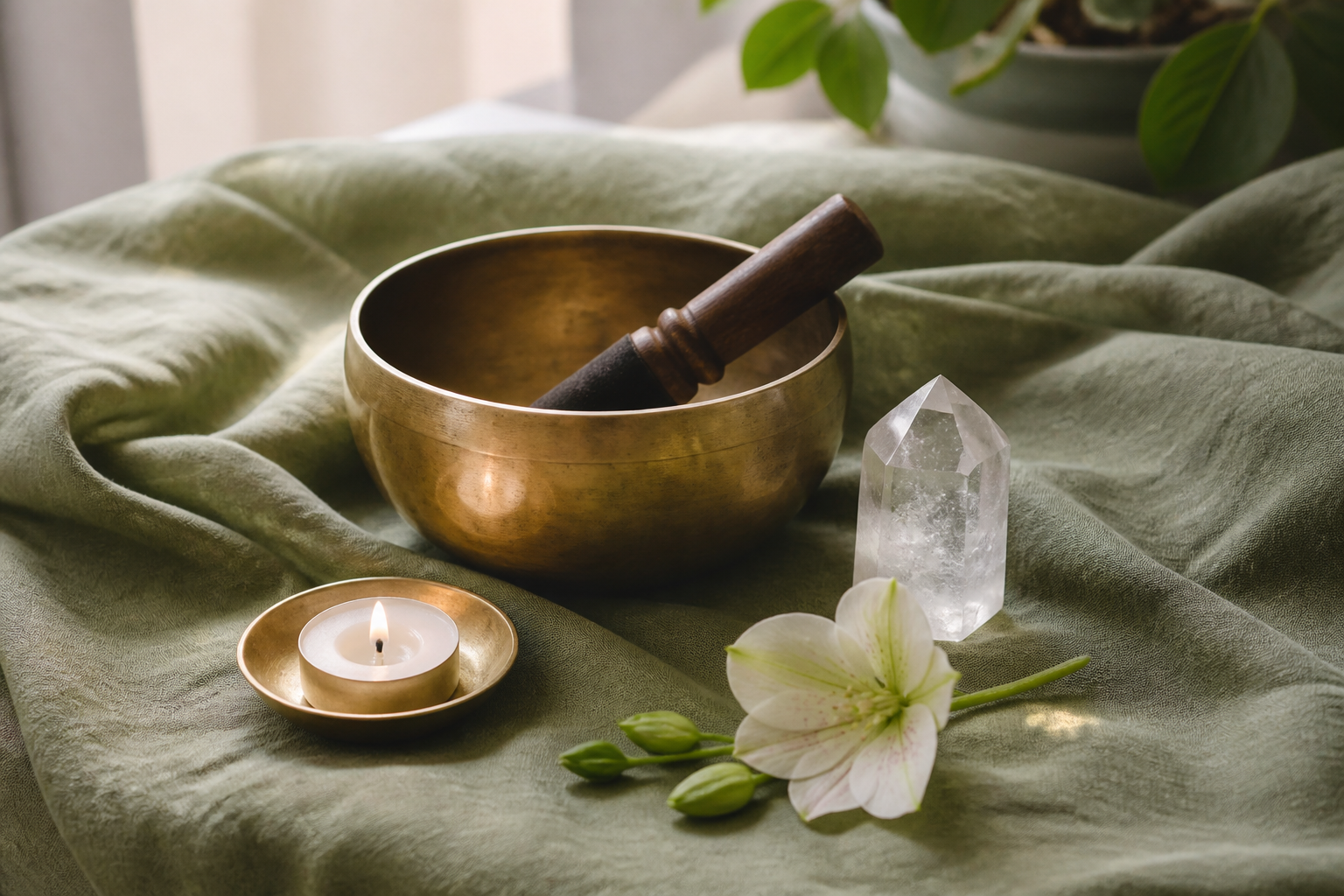 Singing bowl, candle, and linen prepared for healing